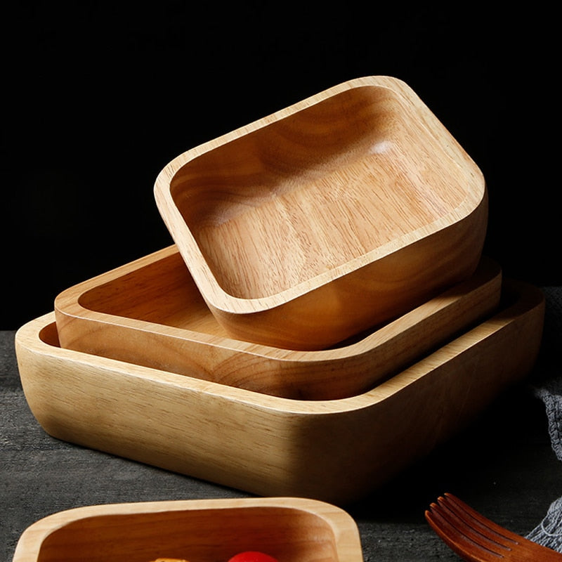 1Pc Square Wood Bowl 4 Sizes Salad Bowl Set Large Small Wooden Plate Snack Dessert Serving Dishes Food Container Wood Tableware