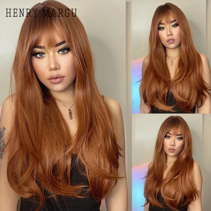 HENRY MARGU Long Straight Black Synthetic Wigs With Bangs Natural Fake Hairs for Women Afro Heat Resistant Cosplay Daily Wigs