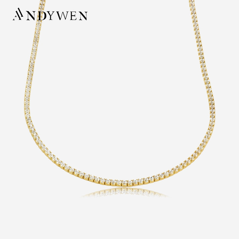 ANDYWEN 925 Sterling Silver Gold Clear CZ Zircon Chain Choker Necklace 2021 Rock Punk Fashion Jewelry Wedding Full Crystal Luxu