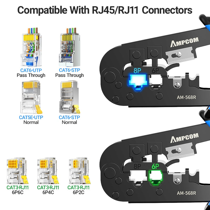 AMPCOM RJ45 Crimper RJ11 RJ45 Crimpzange Ethernet Netzwerk LAN Kabel Crimper Cutter Stripper Zange für 6P 8P RJ-11/RJ-12 RJ-45