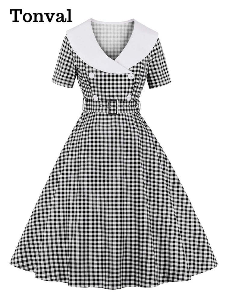 Tonval Gingham Print High Waist Vintage A Line Cotton Midi Dresses for Women Double-Breasted 1950S Rockabilly Plaid Dress