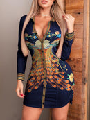 Damenmode Sexy V-Ausschnitt Langarm Shirt Kleider Pfau Phoenix Print Turn Kragen Knopf Design Seitenschlitz Freizeitkleid