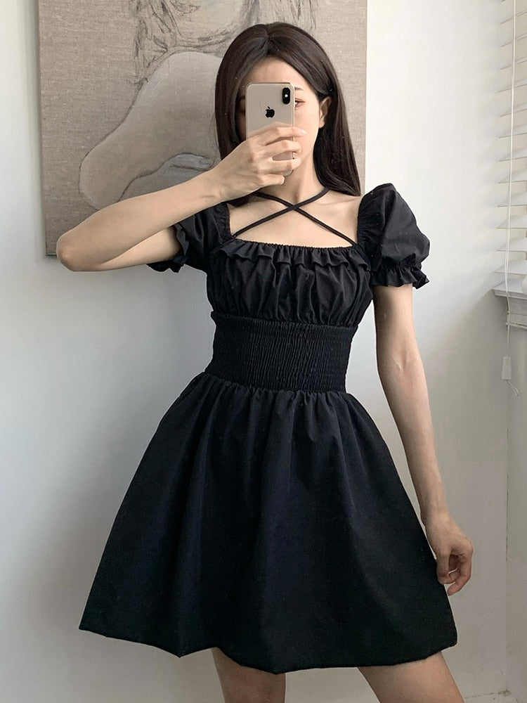 SUCHCUTE Gothic Damen Minikleid Rüschen Sommer 2022 Vintage Dunkles Kleid Partykleider 90er Jahre Ästhetik Schlank Elastische Taille Clubwear