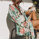Grün Vintage Night Garde Print Boho Maxi Kimono Ärmel Cardigan böhmische lange Wickelbluse Tops Beachwear Bikini Cover Bademode