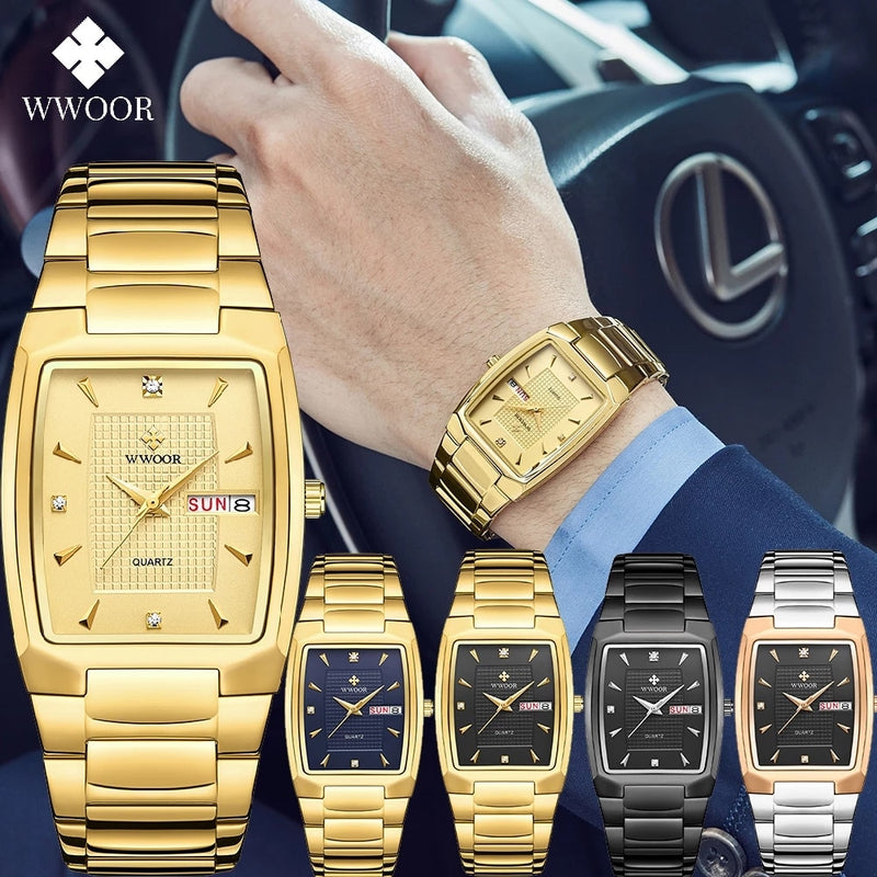 Relogio Masculino WWOOR 2022 nuevo reloj cuadrado para hombre con fecha de semana automática relojes de pulsera de cuarzo para hombre de lujo de acero inoxidable dorado