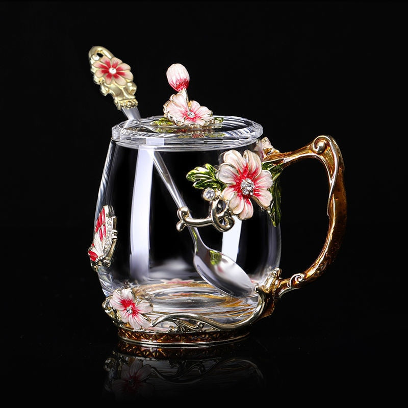 Taza de café esmaltada de belleza y novedad, tazas de cristal de té con flores para bebidas frías y calientes, juego de cuchara y taza de té, regalo de boda perfecto