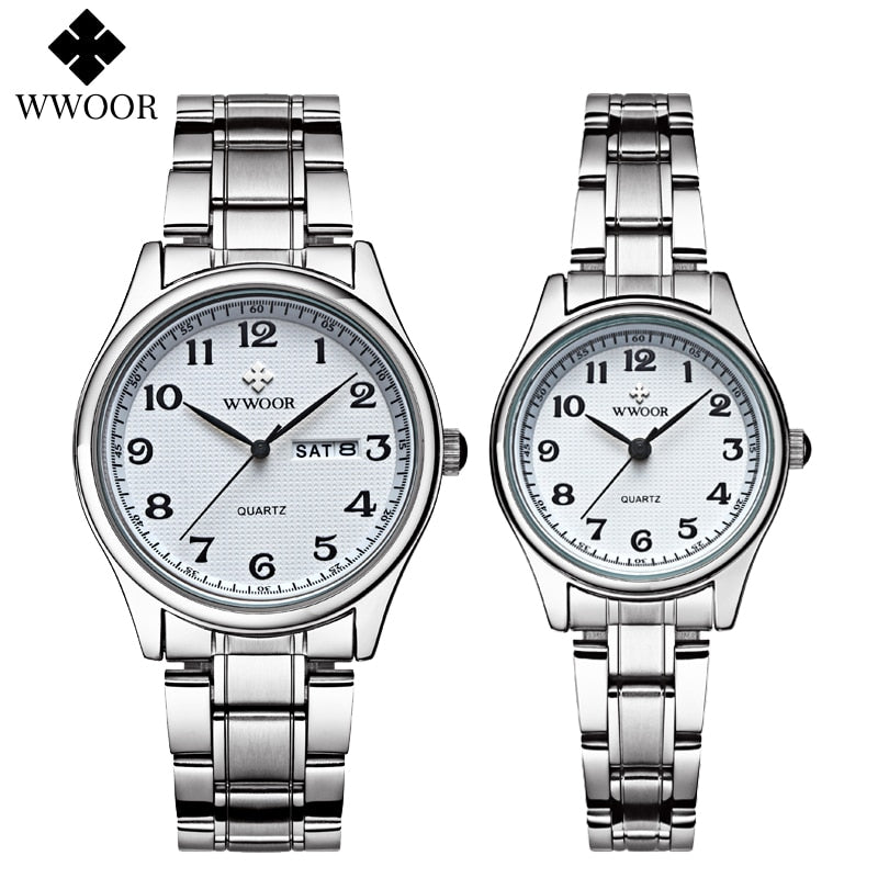 WWOOR, relojes para amantes de la moda para hombres y mujeres, reloj árabe resistente al agua, reloj de pulsera de cuarzo informal para parejas de acero inoxidable y plata para mujer