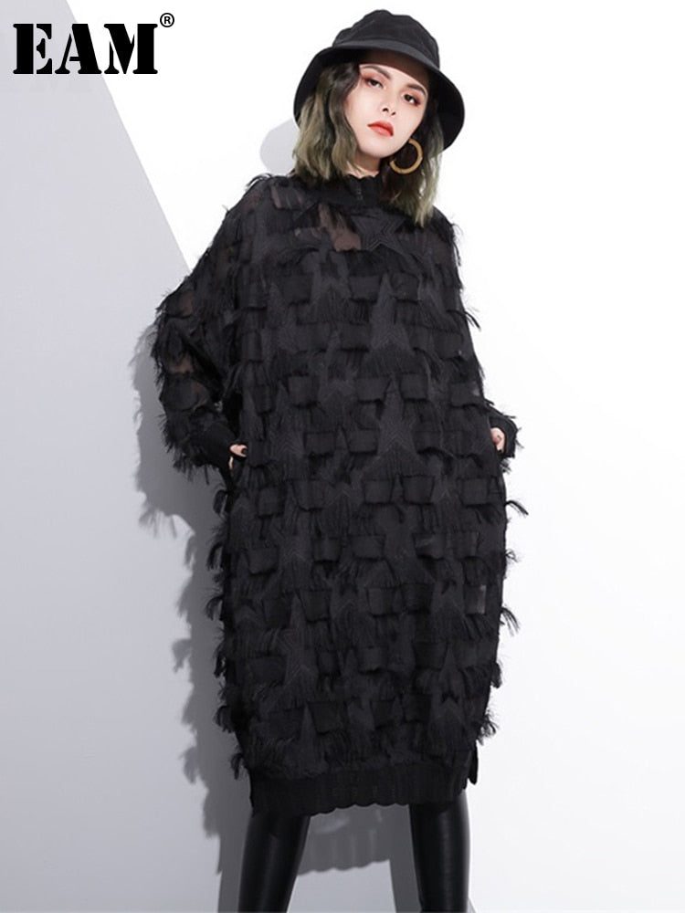 [EAM] 2022 nueva primavera otoño Stand Collar manga larga perspectiva negro suelto borlas vestido de talla grande mujer moda marea JI780