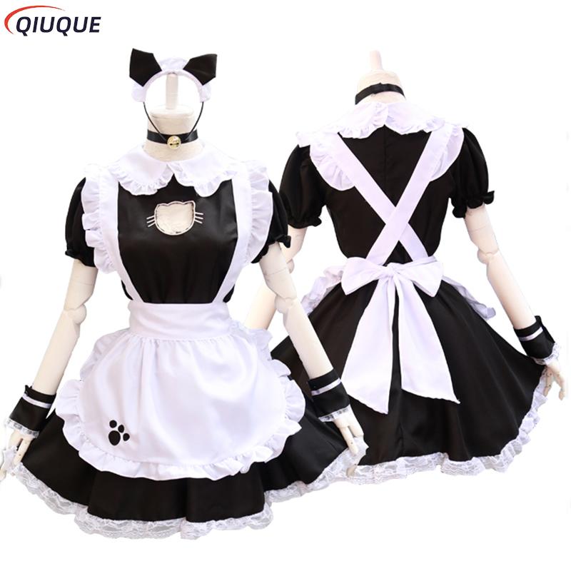 Schwarze Lolita Kleider Maid Outfit Süße Katze Cosplay Kostüm Damen Anzug Schürze Kleid Halloween Kostüme