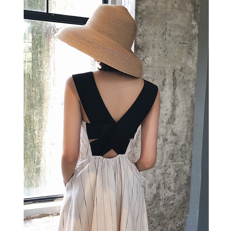 Women Stripes Dress Cotton and Linen High Waist Swing Vintage Pocket Cross Back Party Casual Dresses Vestidos Good Quarlity