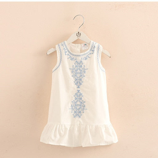 2023 Hot Summer 2-10 Years Old Brief Kids Lace Embroidery Flower Floral Sleeveless Flounce Vest Tank Sundress Girls Dress Cotton