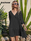 Aachoae Damen Casual Loose Polka Dot Kleid V-Ausschnitt Plissee Chiffon Kleid Laterne Halbarm Mini Strandkleid Sommer Robe Femme