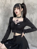 InsGoth Bandage Bodycon manga larga Crop Tops mujer negro cuello en V Streetwear Punk Slim Tops otoño gótico Harajuku Top