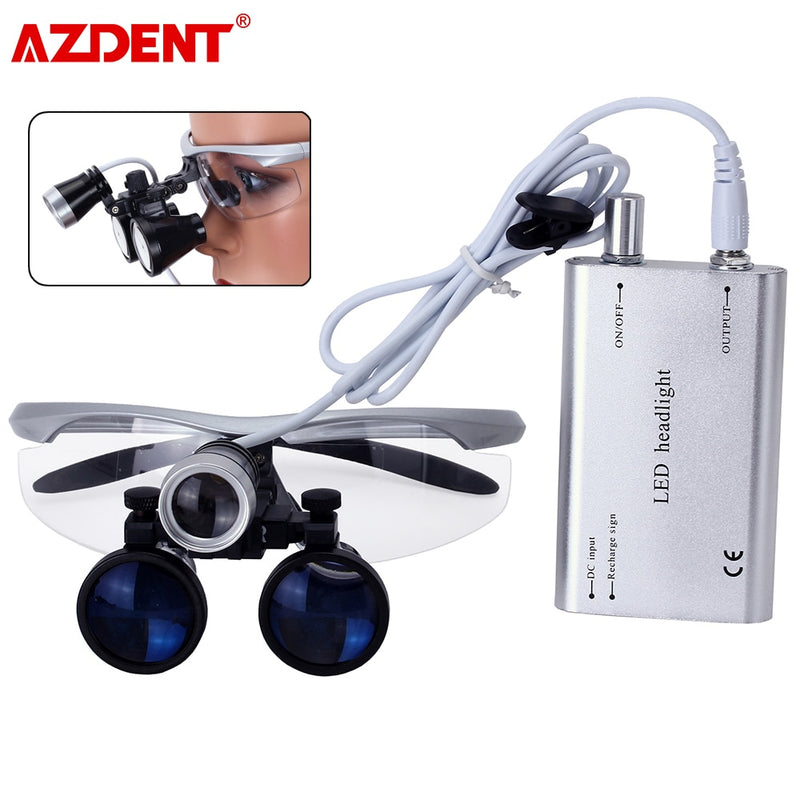 AZDENT 3.5X Aumento Binocular Lupa Dental Cirugía Lupa quirúrgica con faro LED Luz Dentista Lámpara de lupas médicas