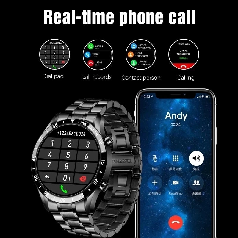 LIGE 2022 Full Circle Touchscreen Stahlband Luxus Bluetooth Call Men Smart Watch Wasserdichte Sport Activity Fitness Watch + Box