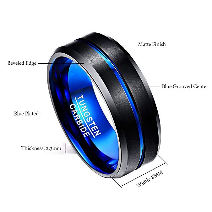 NUNCAD Anillo de ranura de carburo de tungsteno de 0.315 in para hombre, color azul y negro, acabado mate, borde biselado, alianza de boda