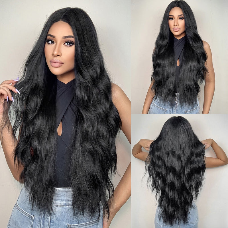 JONRENAU Long Natural Wave Middle Part Hair Gradient Dark Brown Synthetic Wigs  for Women Daily Cosplay Use Heat Resistant Wig