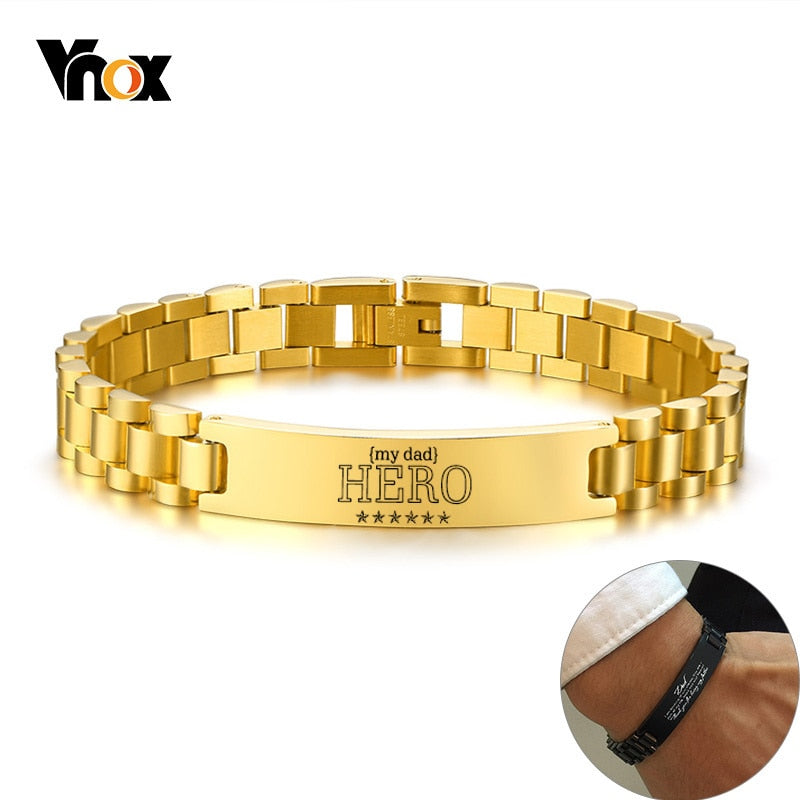 Vnox My Dad HERO Bracelets Personalized Quotes Men Bracelet Qualified Stainless Steel ID Bangle Father&