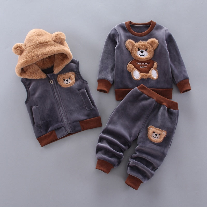 Winter Baby Mädchen Kapuzen Kleidung Kinder Weihnachten Sets Weste + Mantel + Hose 3 Stück Jungen Anzüge Cartoon Bär Kleidungsstück für Kinder im Alter von 1-4 Jahren