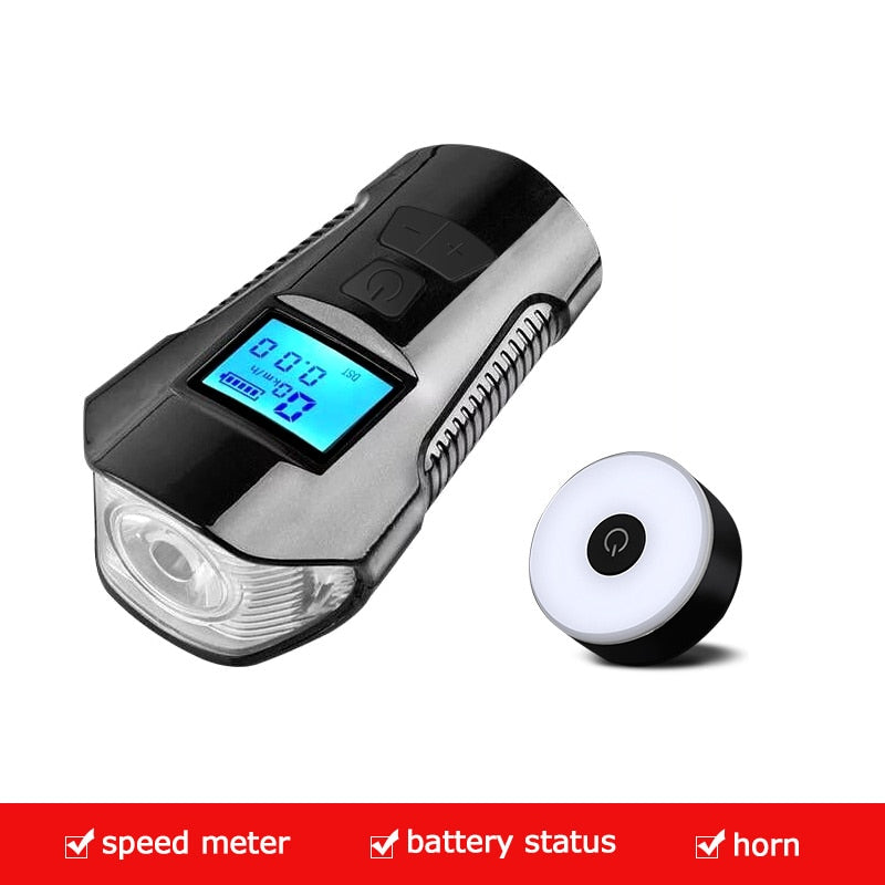 Wasserdichtes Fahrradlicht, USB-Aufladung, Fahrrad-Frontlicht, Taschenlampe, Lenker, Radfahren, Kopflicht mit Hupe, Geschwindigkeitsmesser, LCD-Bildschirm