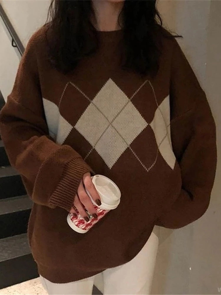 Knitted Sweaters Women Casual Pullover Fashion Argyle Sweater Winter College Style Loose Top Woman Jumper Sueter De Mujer 2021