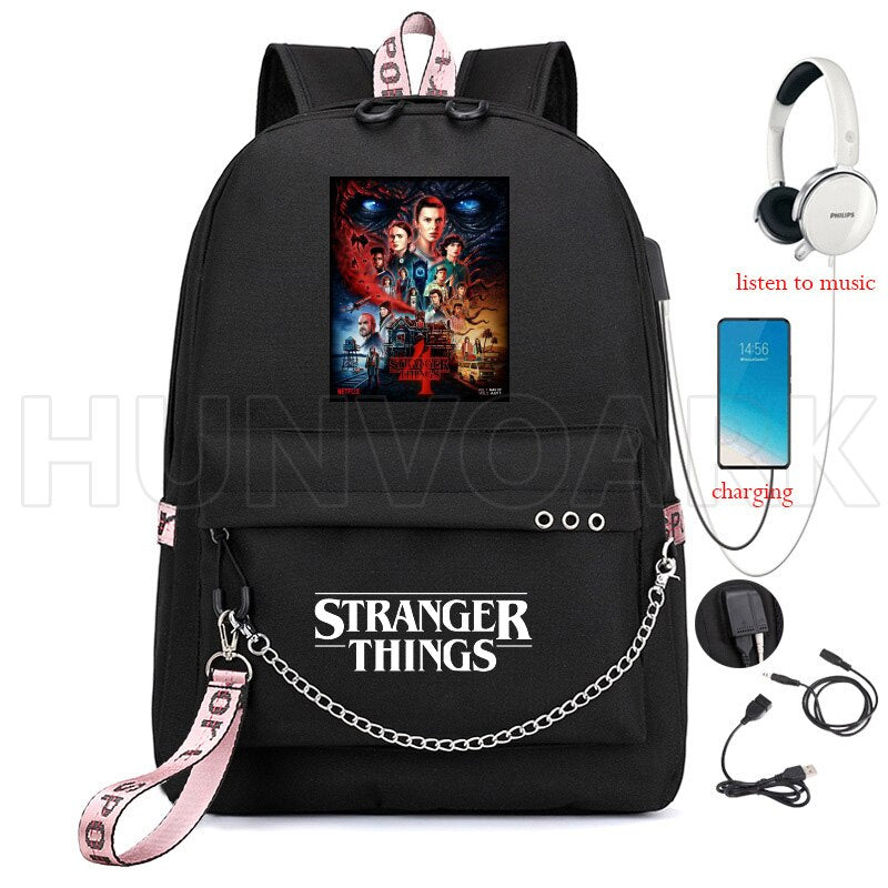 Nueva mochila Stranger Things HELLFIRE, mochila multifunción de lona de viaje con carga USB para estudiantes, mochila escolar para adolescentes, niños y niñas