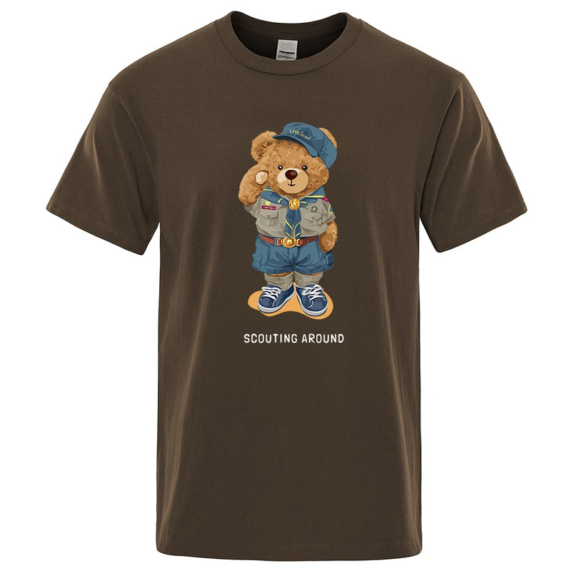 Cute Teddy Bear Salute Scoring Around Prints T Shirt Men Brand Tees Short Sleeve Retro Adult T-Shirt Summer Hip Hop T-Shirt