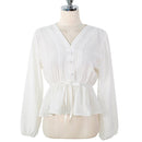 shintimes V-Neck White Blouse Sashes Casual Woman Clothes 2022 Fall Lace Long Sleeve Shirt Women Blouses Shirts Chemisier Femme