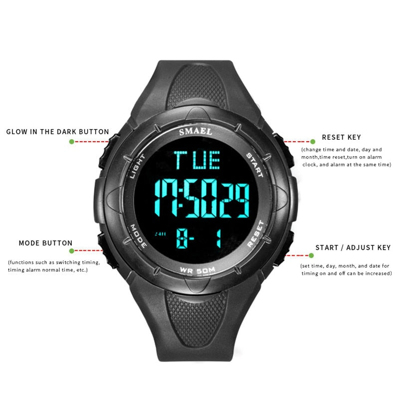 Digital Watch Men SMAEL 50M Waterproof Watches Led Clock Alarm Black Bracelet Stopwatch 1016 Sport Watch Digital Watches For Men