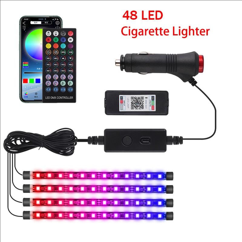 Luz LED para pie de coche, lámpara ambiental, aplicación USB, Control remoto de música, múltiples modos, luces decorativas interiores automotrices