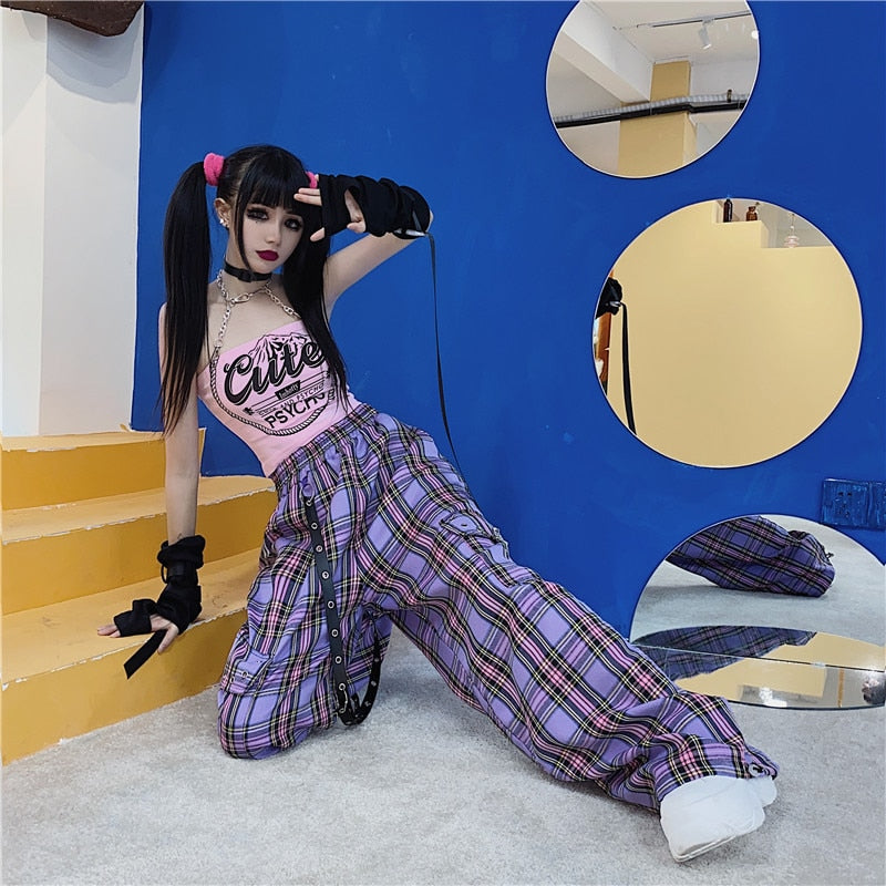 QWEEK Punk Harajuku Checkered Pants Women Goth Hippie Plaid Trousers Hip Hop Wide Cargo Pants Indie y2k Aesthetic 2000s Korean