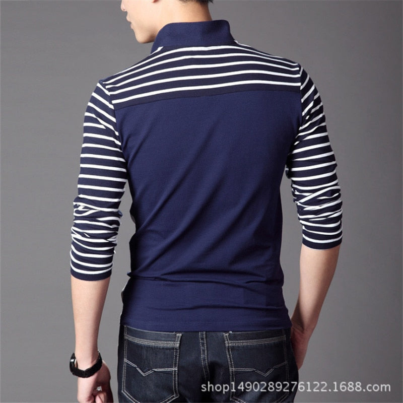 TFETTERS Spring Autumn Casual Men Long Sleeve T-shirt Cotton Elastic Slim Fit Dress T Shirt Men V-Neck Stripe Men Tops & Tees