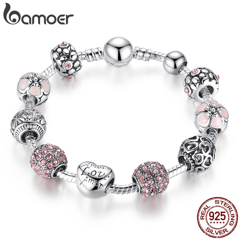 BAMOER Silver Plated Charm Bracelet &amp; Bangle with Love and Flower Beads Women Wedding Jewelry 4 Colors 18CM 20CM 21CM PA1455
