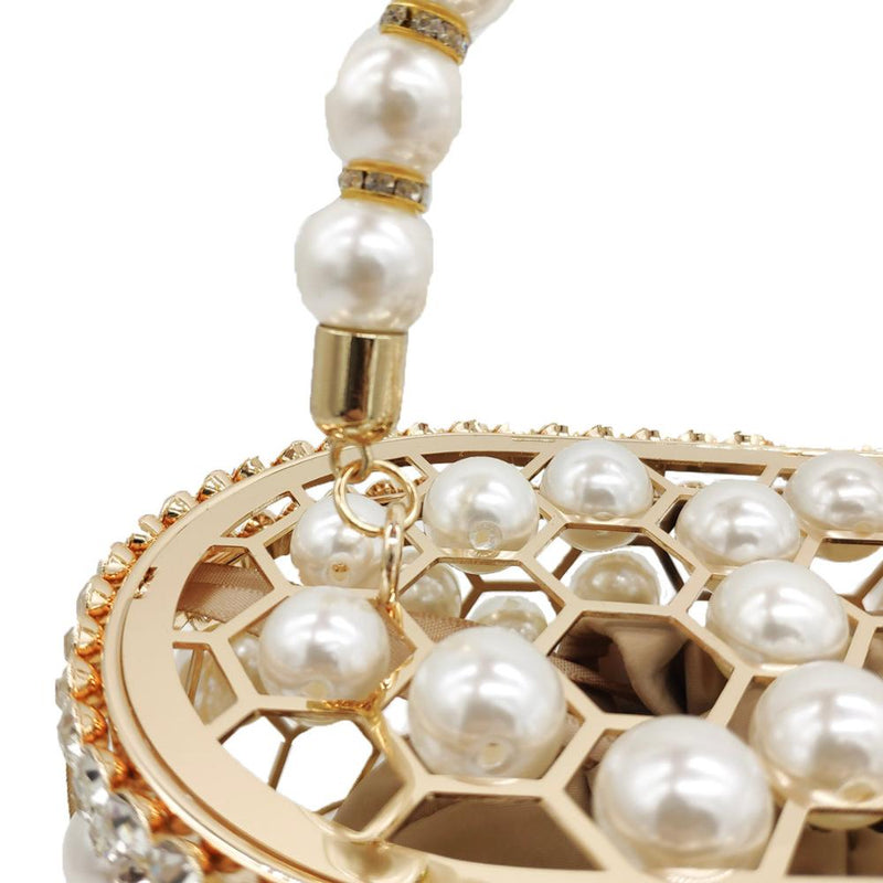 Boutique De FGG Pearl Beaded Evening Bucket Clutch Bag Women Luxury Rhinestone Shoulder Bag Party Purse Ladies Diamond Handbags