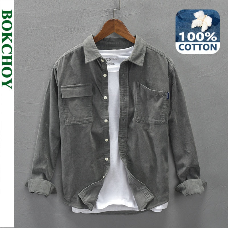 Autumn Winter Men Corduroy Pure Cotton Shirt Long Sleeve Vintage Pockets Warm Thin Gray Casual Top Workwear Gml04-C312