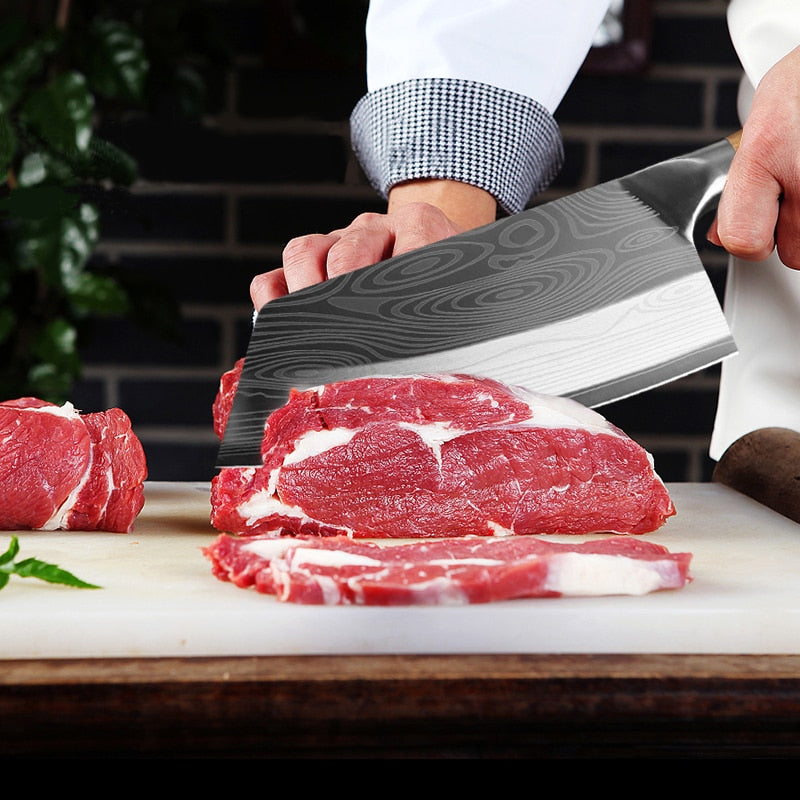 Kitchen Knife Cleaver Chef Knife Stainless Steel Razor Sharp Slicing Chopping Meat Chinese Butcher Knife Wood Handle Slicer