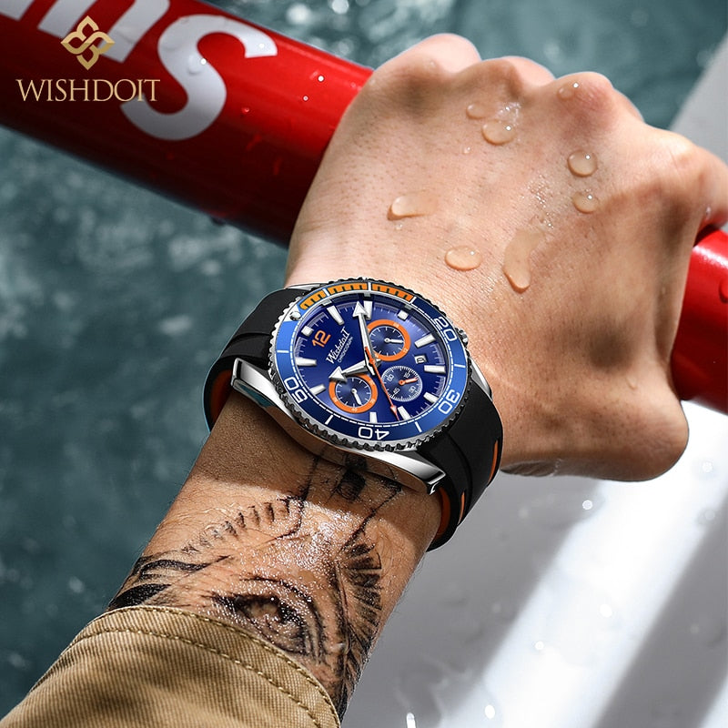 WISHDOIT 2021 New Fashion Diving Watch Men&#39;s Blue Top Brand Luxury Stainless Steel Waterproof Leisure Sports Quartz Men&#39;s Watch