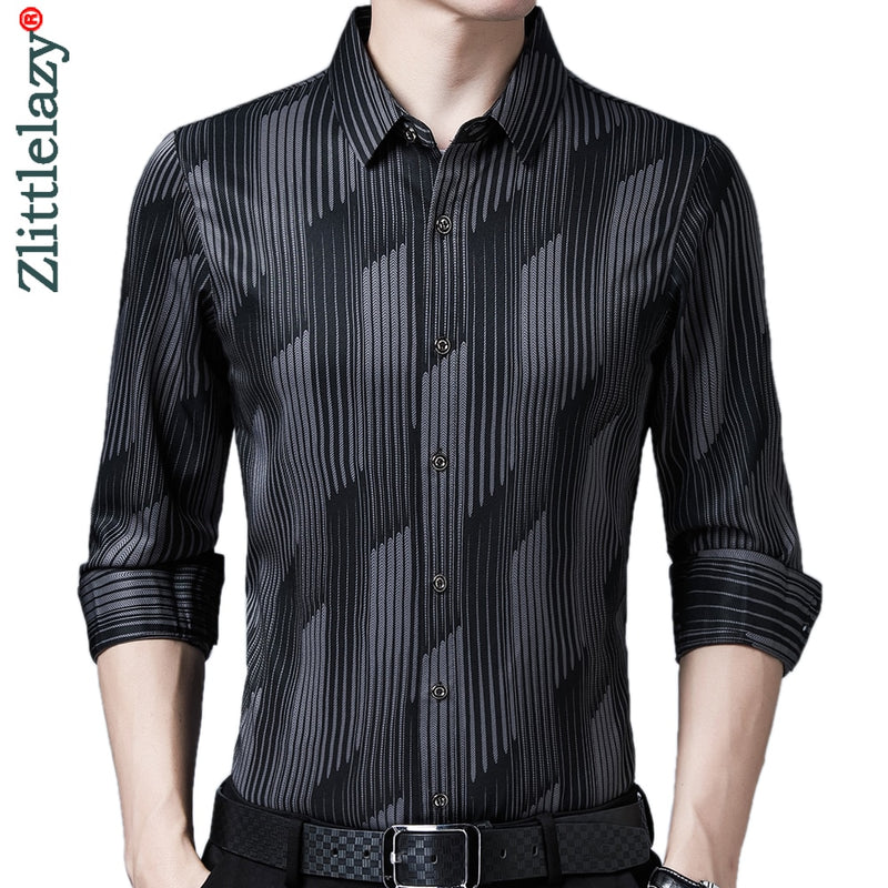 2022 Marke Neue Langarm Männer Social Shirt Streetwear Casual Gestreifte Hemden Kleid Herren Slim Regular Fit Kleidung Mode 1302