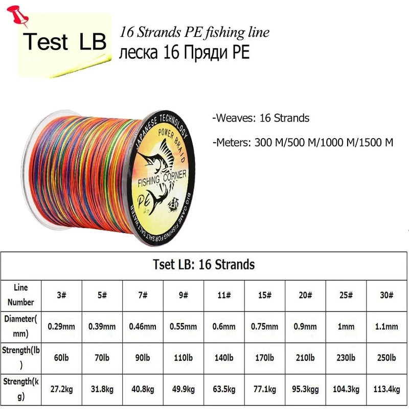 16 Strands PE Braid 300M/500M/1000M/1500M Braided Fishing Line Multicolor Super Power Japan Multifilament Saltwater/Freshwater