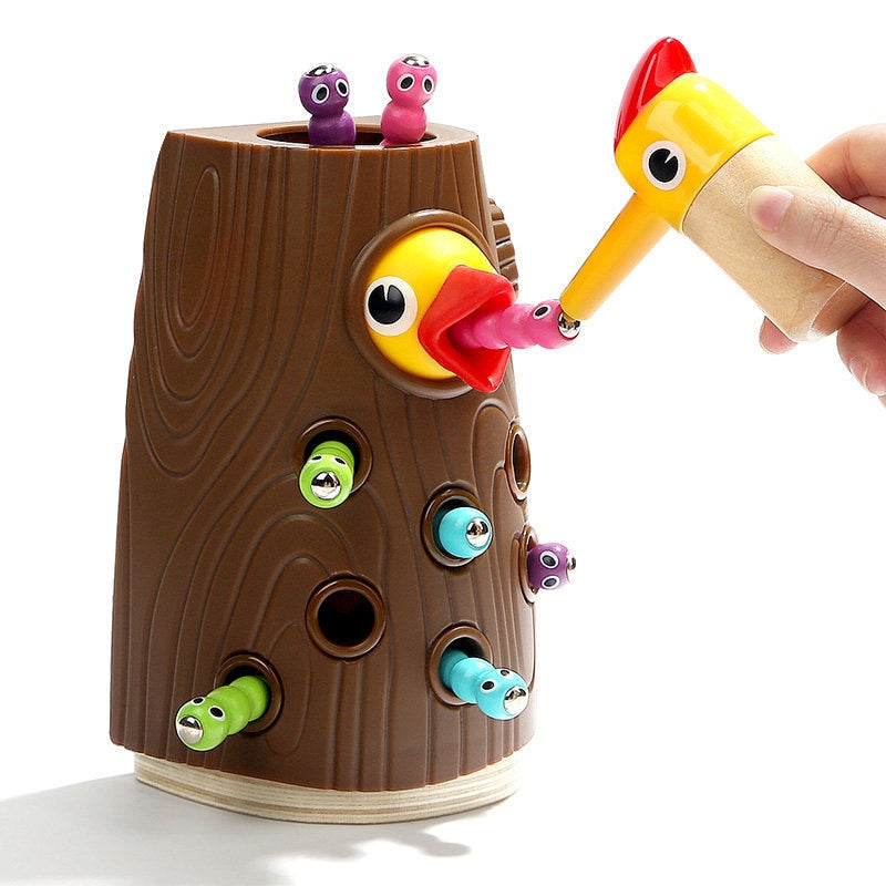 Montessori STEM Educational toys for children wooden toys Woodpecker catching bugs with Magnet fishing New Year gift for boys