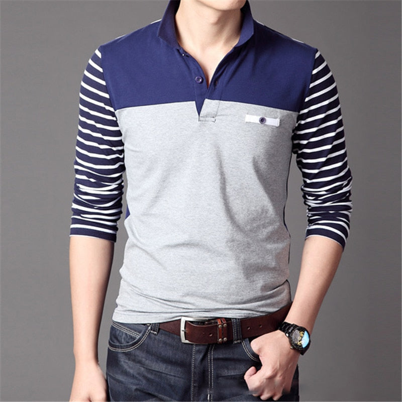 TFETTERS Spring Autumn Casual Men Long Sleeve T-shirt Cotton Elastic Slim Fit Dress T Shirt Men V-Neck Stripe Men Tops & Tees