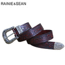 RAINIE SEAN, cinturón de cintura para hombre, Jeans de cuero genuino, cinturón con Pin en relieve, cinturones de cuero de vaca Real de alta calidad para hombre Vintage Borgoña
