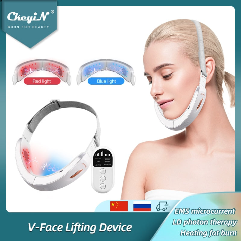 CkeyiN Chin V-Line Up Lift Belt Machine Blue LED Photon Therapy EMS Face Lifting Slimming Vibration Massager Double Chin Reducer