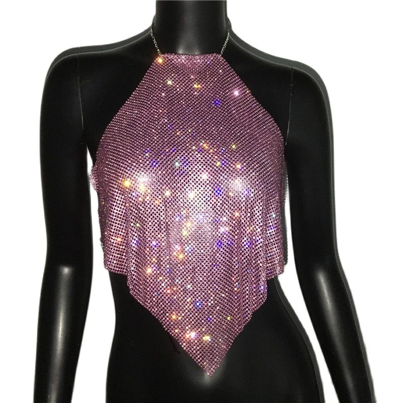 AKYZO Frauen Luxus Handgemachte Strass Camis Backless Metallkette Nachtclub Tops Sommer Party Club Gold Diamant Tanktops