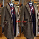 Winter Men Trench Coat Long Brown Herringbone Wool Blend Single Breasted Suit Jackets Tailored Made Groomsan Overcoat Man Blazer