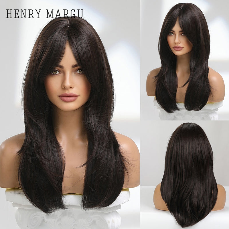 HENRY MARGU Long Straight Black Synthetic Wigs With Bangs Natural Fake Hairs for Women Afro Heat Resistant Cosplay Daily Wigs