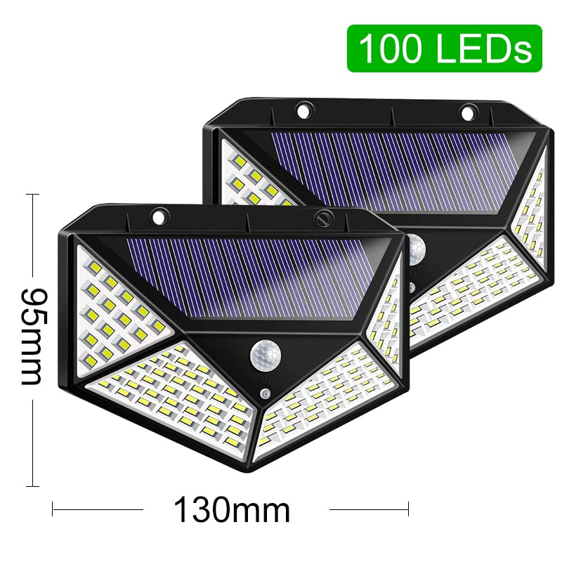 Luces solares al aire libre 100 Led brillante Sensor de movimiento luz gran angular inalámbrica impermeable IP65 luces de pared para jardín Wall Street