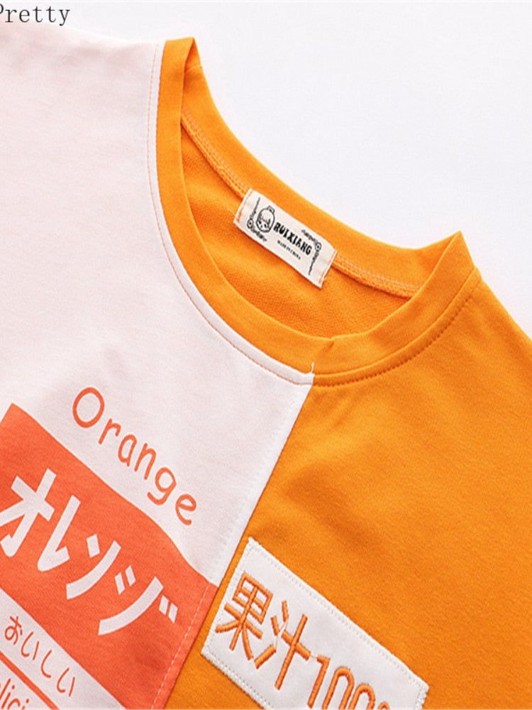 Korean Fashion Sommer Frauen T-Shirt Kawaii Kleidung Orange Stickerei Patchwork Kurzarm Baumwolle T-Shirt Cute Sweet Girls Tops