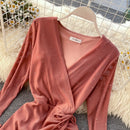 FTLZZ Neue Damenkleider Frühling Langarm V-Ausschnitt Elegante Kleider Lässige Asymmetrische Rüschen Minikleid Partykleid