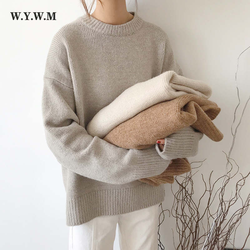 WYWM Cashmere Elegant Women Sweater Oversized Knitted Basic Pullovers O Neck Loose Soft Female Knitwear Jumper